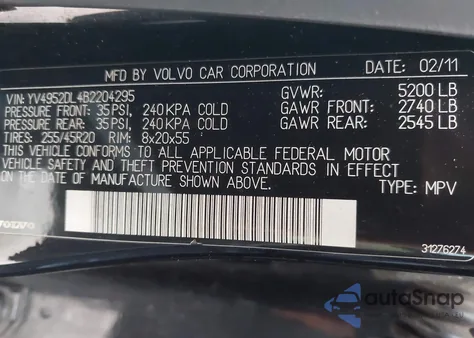 2011 Volvo Xc60 3.2 from USA, damaged, VIN YV4952DL4B2204295